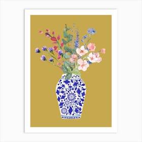 Wild Flowers In Vase Gold And Blue Art Art Print