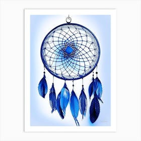 Dreamcatcher Symbol 2 Blue And White Line Drawing Art Print