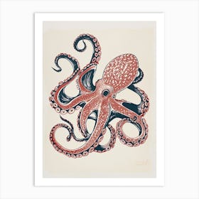 Linocut Red Navy Octopus 2 Art Print