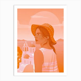 Woman with Hat in Santorini Sea Greece View 1 Art Print