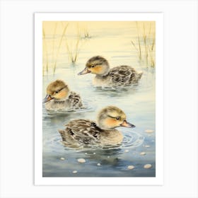 Ducklings Swimming Japanese Woodblock Style 1 Art Print