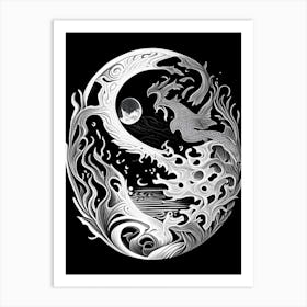 Fire And Water Yin and Yang Linocut Art Print