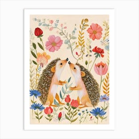 Folksy Floral Animal Drawing Hedgehog 5 Art Print