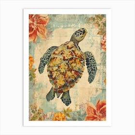 Textured Floral Sea Turtle Blue & Sepia 2 Art Print