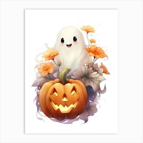 Cute Ghost With Pumpkins Halloween Watercolour 99 Art Print