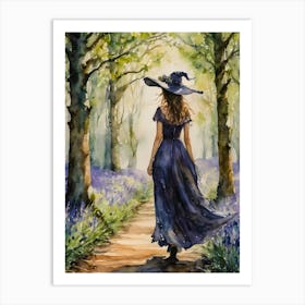 Indigo Witch in Bluebell Woods - Spring Witchy Watercolor Art by Lyra the Lavender Witch - Pagan Ostara Beltane Wheel of the Year Witches Fairytale Artwork for Wicca Goddess Magic Spells Astrology Tarot HD Art Print