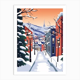 Retro Winter Illustration Bergen Norway 2 Art Print