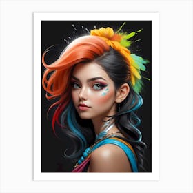 Girl With Colorful Hair And Feathers Art Print