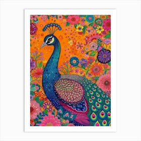 Peacock Maxmalism Floral Portrait 3 Art Print