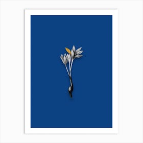 Vintage Autumn Crocus Black and White Gold Leaf Floral Art on Midnight Blue n.0318 Art Print