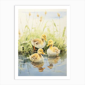 Japanese Woodblock Style Duckling Family 4 Art Print