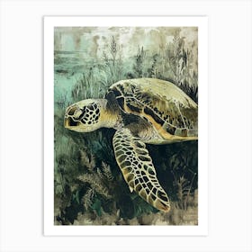 Vintage Sea Turtle In The Seaweed 2 Art Print