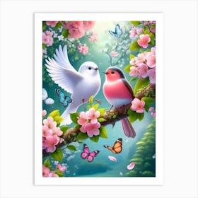 Two Birds Perched On A Branch 1 Art Print