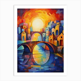 Bridges at Sunset IV, Colorful Abstract Painting in Picasso Cubism Style Art Print