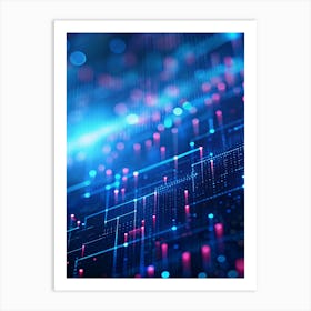 Abstract Digital Background With Blue And Pink Glowing Lines, Dots, And Grid Patterns Against A Dark Background, Creating A Sense Of Depth And Perspective 1 Art Print