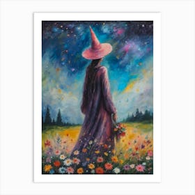 A Witch Watches The Night Sky | Colorful Aurora Summer Stars Print | Witchcraft Pagan Litha Painting | Beautiful Witchcore Artwork in HD Art Print