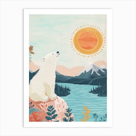 Polar Bear Looking At A Sunset From A Mountaintop Storybook Illustration 2 Art Print