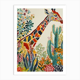 Giraffes In The Leaves Cute Illustration 2 Art Print