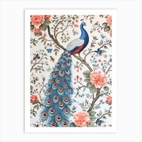 Pastel Peacock With Butterflies Vintage Wallpaper 1 Art Print
