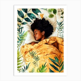 Afro Girl Sleeping In Bed illustration Art Print