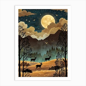 Night Landscape With Deer Art Print