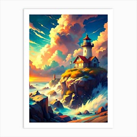 Lighthouse On The Rocks AI generated Art Print