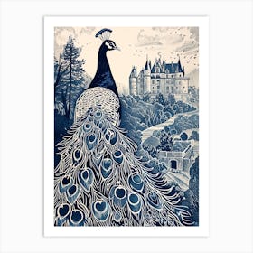 Peacock Blue Linocut Inspired With A Castle In The Background 3 Art Print
