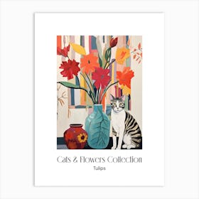 Cats & Flowers Collection Tulip Flower Vase And A Cat, A Painting In The Style Of Matisse 3 Art Print