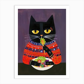 Black Cat Eating Salad Folk Illustration 3 Art Print