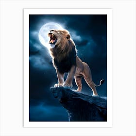 Lion Roaring on the Cliff Painting Art Print