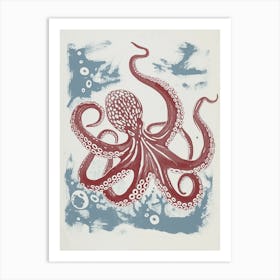Red & Blue Octopus Making Bubbles 2 Art Print