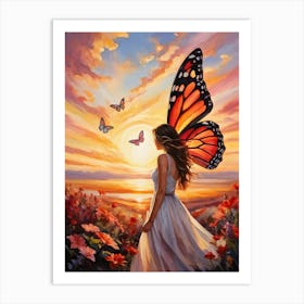 Sunrise Radiating Rosy Hues Graced With The Painted Butterfly Wings Hovering In A Sails Filled Mor Art Print