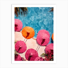 Pink Umbrellas By The Pool Art Print