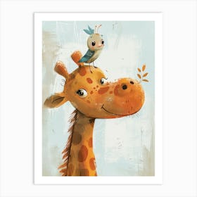 Small Joyful Giraffe With A Bird On Its Head 17 Art Print