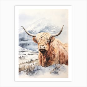 Highland Cow In The Snow Watercolour 1 Art Print
