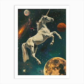 Unicorn In Space Playing Basketball Retro 3 Art Print
