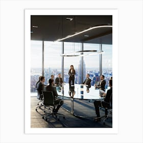 Confident Ceo Standing With Hands Intertwined At The Tables Edge Flanked By Attentive Team Members Art Print