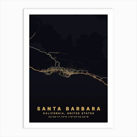 Santa Barbara California USA Black And Gold Map Art Print