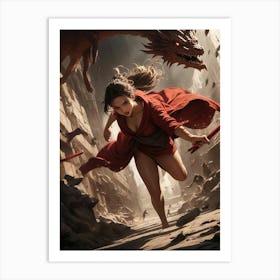 Anime - Gorgeous girl running chased by dragons. Art Print