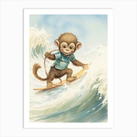 Monkey Painting Surfing Watercolour 1 Art Print