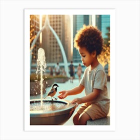 Little Boy Playing With Bird In Fountain Art Print