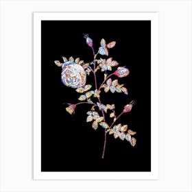 Stained Glass Silver Flowered Hispid Rose Mosaic Botanical Illustration on Black Art Print