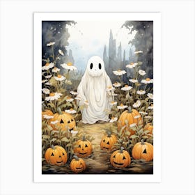 Cute Bedsheet Ghost, Botanical Halloween Watercolour 119 Art Print