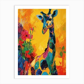 Colourful Giraffe With The Flowers Art Print