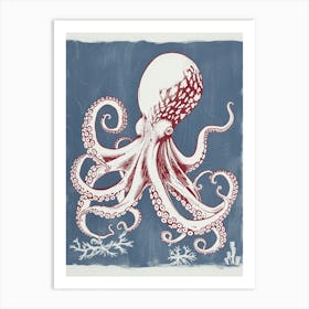 Octopus In Ocean Blue Linocut Background 2 Art Print