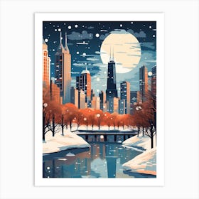 Winter Travel Night Illustration Chicago Usa 4 Art Print
