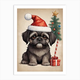 Christmas Shih Tzu Dog Wear Santa Hat (23) Art Print