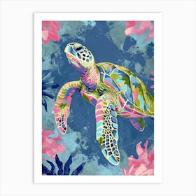 Greeh Sea Turtle & Plants Painting Art Print