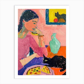 Portrait Of A Girl With Cats Eating Pizzas 1 Art Print
