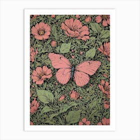 Pink Flowers And Butterflies Art Print